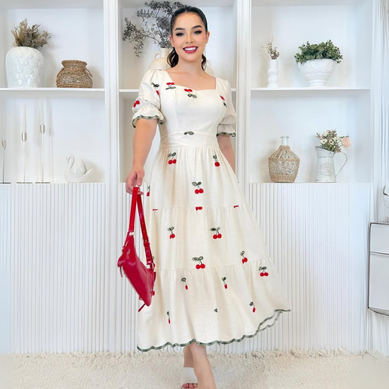 Vestido de Linho Bordado Cerejas Charlote