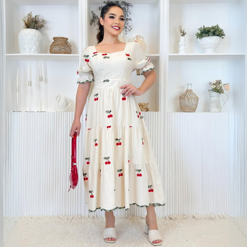 Vestido de Linho Bordado Cerejas Charlote