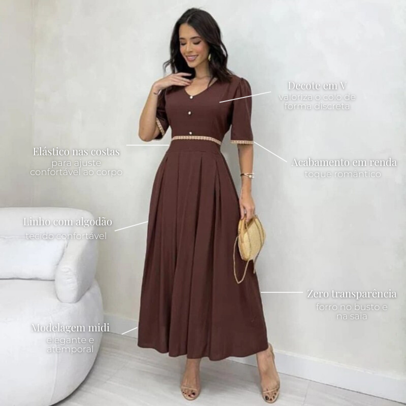 Vestido midi em linho marrom romântico Ana características do produto