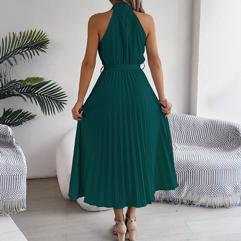Vestido Midi Plissado Com Gola Halter