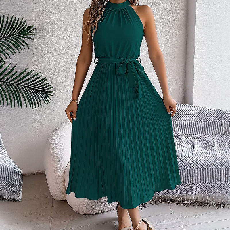 Vestido Midi Plissado Com Gola Halter