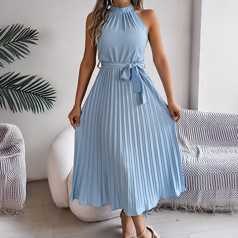 Vestido Midi Plissado Com Gola Halter