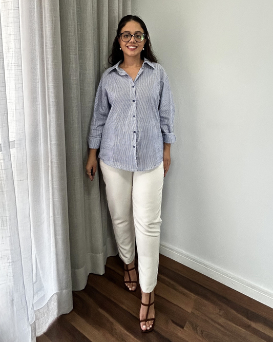 Camisa oversized feminina listrada azul Luiza