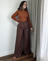 Calça Feminina Pantalona Alfaiataria Twill Elegante Cintura Alta Marrom Lorena