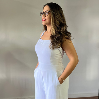 Macacão Pantalona em Viscolinho Branco