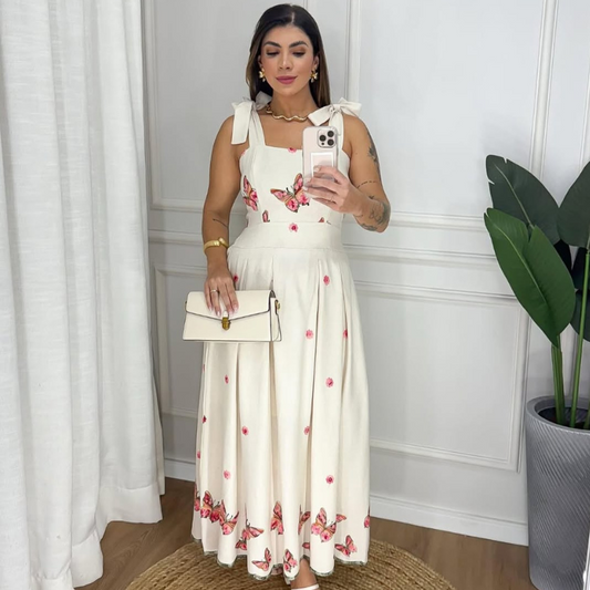 Vestido de Linho Bordado Borboletas Sophie Rosa