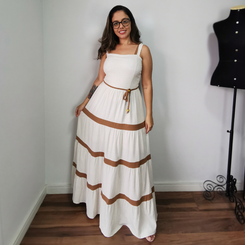 Vestido Longo em Viscolinho Bicolor Olívia