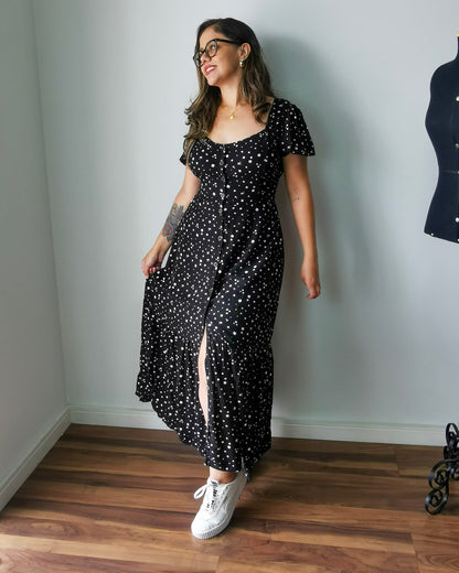 Vestido Midi em Viscose Floral Preto Sabrina