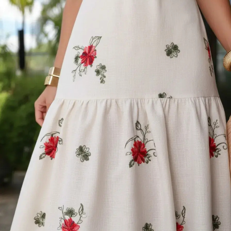 Vestido midi em linho bordado floral Valentina tecido Primadonna