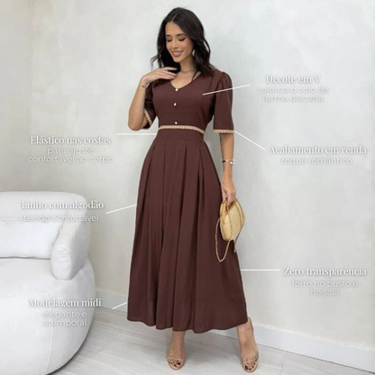 Vestido midi em linho marrom romântico Ana características do produto