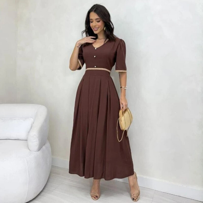 Vestido midi em linho marrom romântico Ana look completo