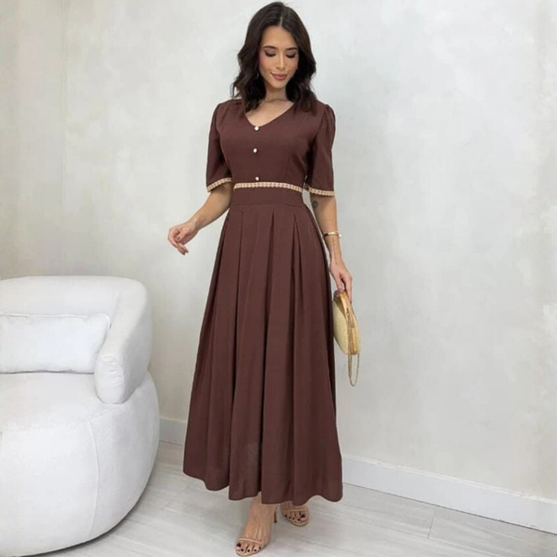 Vestido midi em linho marrom romântico Ana look elegante feminino