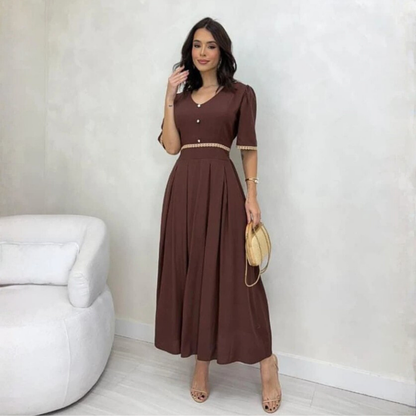 Vestido midi em linho marrom romântico Ana com botões e renda