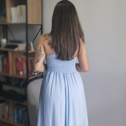 Vestido Midi em Viscose com Botões Azul Claro