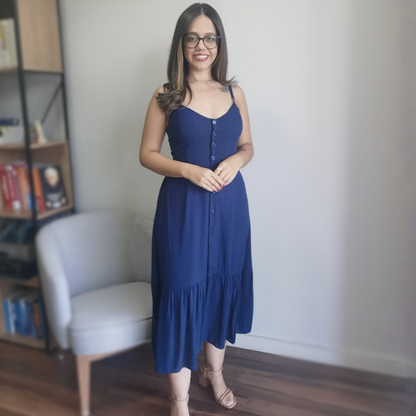 Vestido Midi em Viscose com Botões Azul Marinho