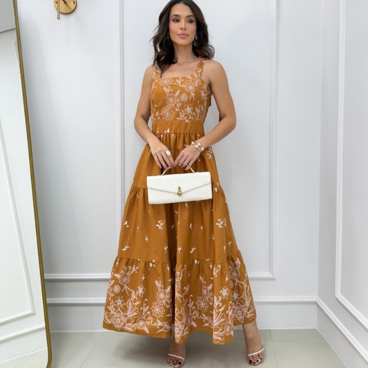 Vestido Tricoline Estampa Floral Caramelo